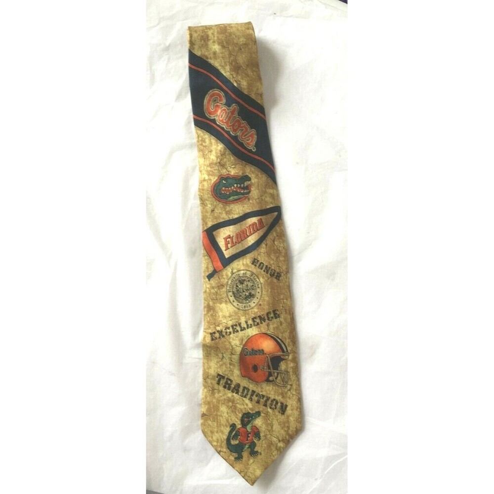 Go Gators UF University of Florida Silk Neck Tie Beige Blue Orange EUC Free Ship